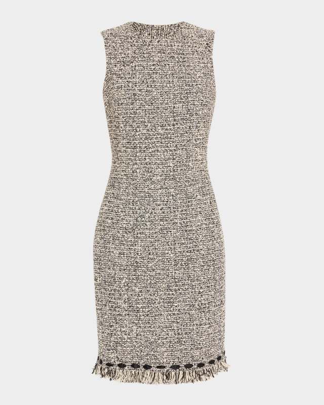 Ribbon-Trim Fringed Tweed Dress
